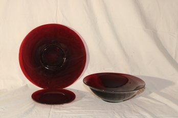 Vintage Red Glass Bowl And Platter (B-26)