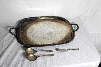 Silverplate Tray And Serving Spoons And Butter Knife (A-40)
