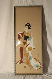 Japanese Watercolor Painting On Silk Depicting A Geisha. (B-44)