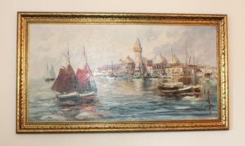 Vintage Italian Harbor Scene Framed Oil Painting (A-35)