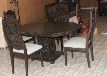 Vintage Gothic Revival Style Dining Table W/ A Carved Base & 4 Chairs