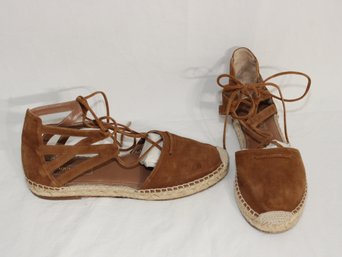 Aquazzura Belgravia Cognac Brown Suede Lace-up Espadrille Flat Sandals (LK-1)