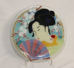 Peggy Karr Fused Art Glass Platter 13 3/4 Geisha Japan Portrait Fan Large