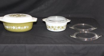 Pyrex Spring Blossom Green Casserole Dishes, Crazy Daisy Extra Lids