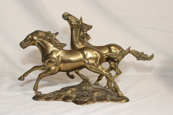 Vintage Brass Statue Sculpture Of Two Horses Running. (N-2)