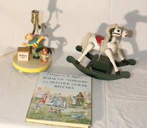 Vintage Childs Lamp, Nursery Rhymes Book, And Doll Rocking Horse