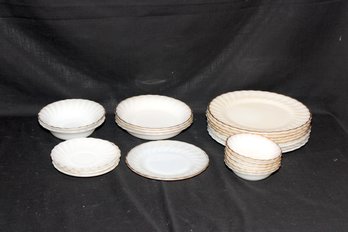 White Glass Plates And Bowls W/ Gold Trim