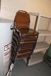 8 Vintage Wood And Chrome Stackable Chairs