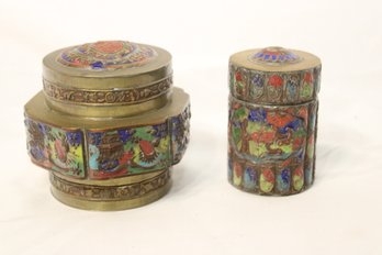 Vintage Chinese Brass Tea Caddy Trinket Jar Cloisonne Enamel  (A-52)