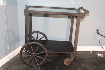 Wood Bar Cart With Glass Removable Tray Top.