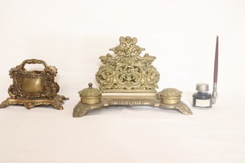 Antique Brass Inkwell, And Letter Holder (A-13)