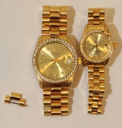 Pair Of Faux Gold/ Diamond His/ Hers Oyster Presidential Rolex Watches (MEs-4)
