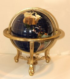 Lapis Ocean Gemstone World Globe W/ Compass Brass Stand