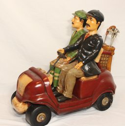 RARE Vintage Peter Mook Style Sculpture Two Buddies In A Golf Cart W/Clubs. (J-65)