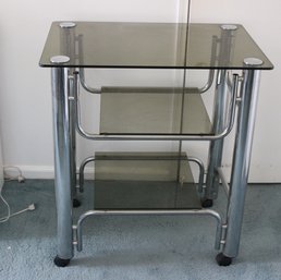 Vintage Chrome And Smoked Glass Storage Catty Stand Bar Cart
