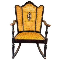 Antique Early 1900's Victorian Wingback Rocker With Caned Back And Seat