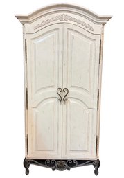 Vintage French Chateau Style Cabinet With Intricate Carved Wood Details, Distressed White Paint & Drawers