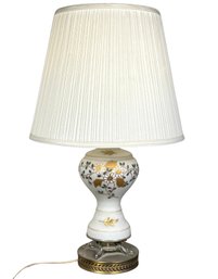 Vintage Regency Style Table Lamp Featuring White Bavarian Satin Glass Base W/ Hand Painted Gold Floral Designs