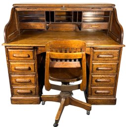 Antique Roll Top Desk By The Derby Desk Co., Boston With Matching Antique Wooden Desk Chair