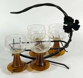 Vintage Etched Glass Romer / Wine Glasses Featuring Amber Colored Ribbed Stems & Decorative Metal Carrier