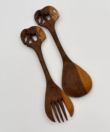 Vintage Carved Wooden Salad Serving Spoon And Fork Set - Elephant Design