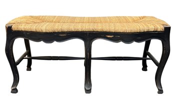 Stylish French Provincial Or Italian Style Bench With Black Distressed Wooden Frame & Woven Rush Seat