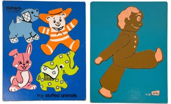 Vintage Wooden Inlay Kids Puzzles - Playskool My Stuffed Animals & Judy Company Gingerbread Man