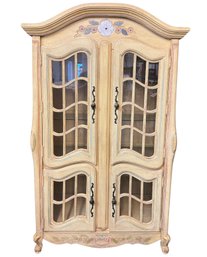 Vintage French Country Style Curio Cabinet With Arched Top, Glass Panels & Intricate Wood Trim