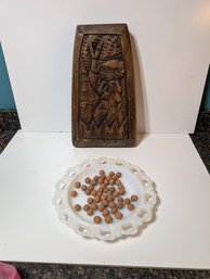 Vintage Hand-Carved African Mancala Game Board With Clay Playing Seeds - Folk Art