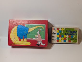 Vintage Milton Bradley 100 Plastic Counters & Crystal Collins-Sterling DinoMath Box Colectibles