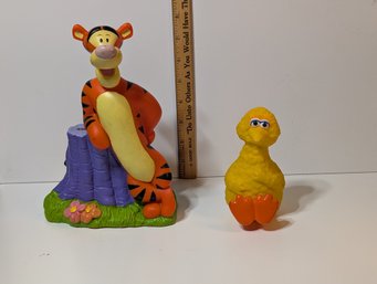 Vintage Disney Tigger  Coin Bank & 1970s Sesame Street Big Bird Squeak Toy