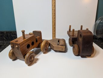 Handcrafted Vintage Folk Art Wooden Tractor With Roller And Flatbed Truck Set