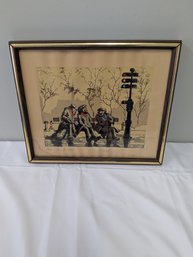 Original Vintage Marcel Harang Color Lithograph 'Paris - Sur Le Banc'  Hand Signed