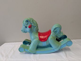 Vintage 1988 Playskool Teal Blue Rocking Horse Red Saddle Plastic Toddler Riding Toy 24'