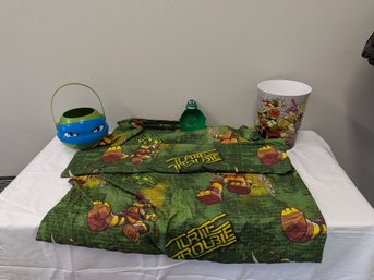 Vintage TMNT Teenage Mutant Ninja Turtles Lot Bedding Sheet Set Trash Can Leonardo Bucket Donatello Bowl