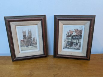 Pair Vintage Hand-Colored Engravings Donald Crawford & James Reid Framed Architecture