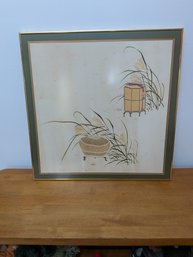 Vintage Framed Japanese Silk Screen Print - Cricket Cages & Pampas Grass Wall Art