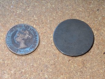 Canada Large Cent 1890 Queen Victoria Bronze & Smooth Blank Planchet Token Pair (2 Coins)