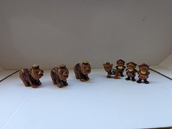 7 Vintage ANRI Italy / Carter Hoffman Style Carved Wood Mascot Figurines Michigan NYU PS