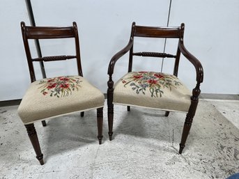 Bespoke Regency Mahogany Arm Chair & Side Chair With Hand Embroidered Seats