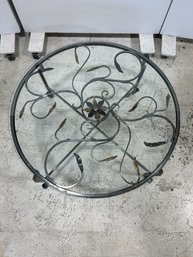 Boho Style Coffee Table With Glass Top, Metal Base, And Floral Design