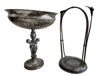 Silver Cherub Figural Compote & Art Nouveau Calla Lily Stand (2-Piece Set)