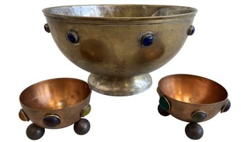 Vintage Arts & Crafts-Style Bowls With Set Stones (3-Piece Set)