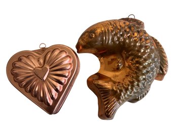 Vintage Hanging Fish & Heart Tin Molds (2-Piece Set)