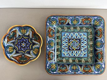 Italian Deruta Dinnerware -Franco Mari-(1)Scalloped Dish (1) Square Serving Platter