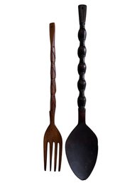Vintage Oversized Hand-Carved Wooden Fork And Spoon Wall Decor Set (2-Piece Set)