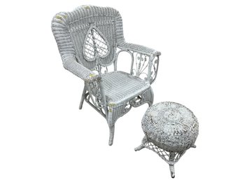 Vintage Heart-Back Wicker Armchair & Stool (2-Piece Set)