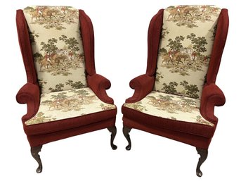 Queen Anne Wingback Chairs With English Hunt Scene Print (Set Of 2)