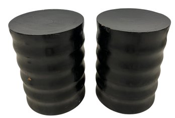 Ribbed Wooden Drum Stools (Set Of 2)