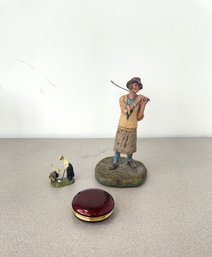 Michael Garman Handpainted Sculpture, Golfing Couple Figurine, & Portable Clock (3-piece Set)